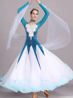 Ballroom Dance Costumes Black Women's Elegant Jewel Neck Polyester Dress Rhinestones Lace Layered Dance Dress