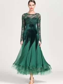 Ballroom Dance Costumes Black Women's Elegant Transparente Lace Jewel Neck Chiffon Dress Lace Ruffles Layered Dance Dress