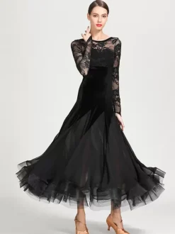 Ballroom Dance Costumes Black Women's Elegant Transparente Lace Jewel Neck Chiffon Dress Lace Ruffles Layered Dance Dress