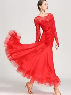 Ballroom Dance Costumes Black Women's Elegant Transparente Lace Jewel Neck Chiffon Dress Lace Ruffles Layered Dance Dress