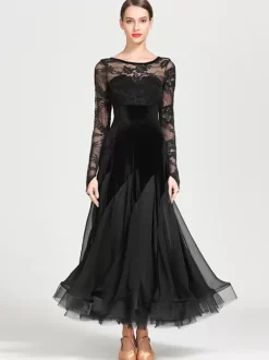Ballroom Dance Costumes Black Women's Elegant Transparente Lace Jewel Neck Chiffon Dress Lace Ruffles Layered Dance Dress