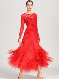 Ballroom Dance Costumes Black Women's Elegant Transparente Lace Jewel Neck Chiffon Dress Lace Ruffles Layered Dance Dress