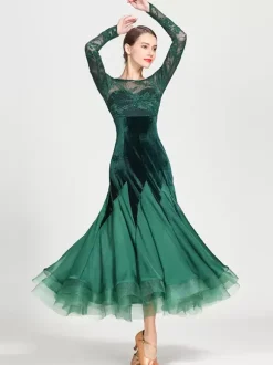 Ballroom Dance Costumes Black Women's Elegant Transparente Lace Jewel Neck Chiffon Dress Lace Ruffles Layered Dance Dress