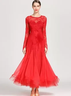 Ballroom Dance Costumes Black Women's Elegant Transparente Lace Jewel Neck Chiffon Dress Lace Ruffles Layered Dance Dress