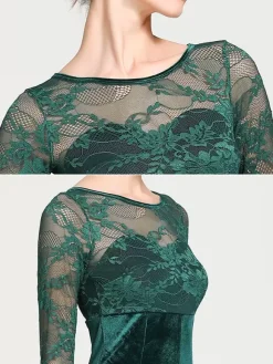Ballroom Dance Costumes Black Women's Elegant Transparente Lace Jewel Neck Chiffon Dress Lace Ruffles Layered Dance Dress