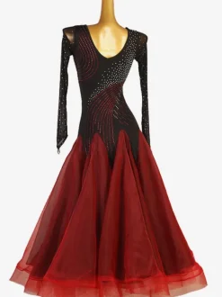 Ballroom Dance Costumes Black Red Women's Elegant Lycra Spandex Dress Rhinestones Dance Dress