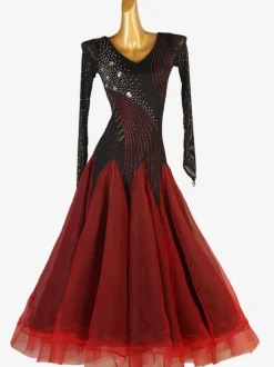 Ballroom Dance Costumes Black Red Women's Elegant Lycra Spandex Dress Rhinestones Dance Dress