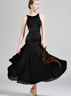 Ballroom Dance Costumes Black Women's Elegant Lace Transparente Jewel Neck Polyester Dress Lace Stretch Dance Wear