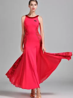 Ballroom Dance Costumes Black Women's Elegant Lace Transparente Jewel Neck Polyester Dress Lace Stretch Dance Wear