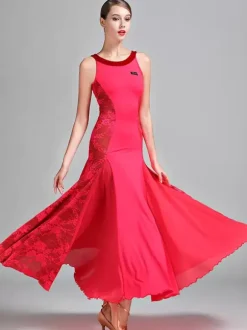 Ballroom Dance Costumes Black Women's Elegant Lace Transparente Jewel Neck Polyester Dress Lace Stretch Dance Wear