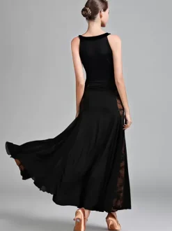 Ballroom Dance Costumes Black Women's Elegant Lace Transparente Jewel Neck Polyester Dress Lace Stretch Dance Wear