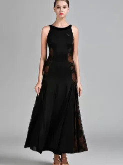 Ballroom Dance Costumes Black Women's Elegant Lace Transparente Jewel Neck Polyester Dress Lace Stretch Dance Wear