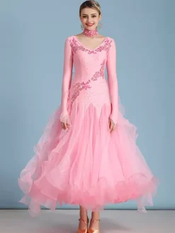 Ballroom Dance Costumes Blue Women's Elegant V-Neck Polyester Dress Ruffles Flowers Layered Dance Wear