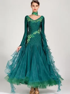 Ballroom Dance Costumes Blue Women's Elegant V-Neck Polyester Dress Ruffles Flowers Layered Dance Wear