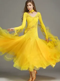 Ballroom Dance Costumes Blue Women's Elegant V-Neck Polyester Dress Ruffles Flowers Layered Dance Wear