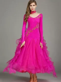 Ballroom Dance Costumes Blue Women's Elegant V-Neck Polyester Dress Ruffles Flowers Layered Dance Wear
