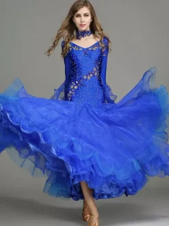 Ballroom Dance Costumes Blue Women's Elegant V-Neck Polyester Dress Ruffles Flowers Layered Dance Wear