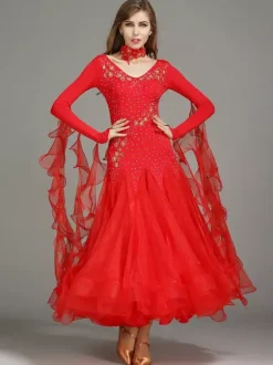 Ballroom Dance Costumes Blue Women's Elegant V-Neck Polyester Dress Ruffles Flowers Layered Dance Wear
