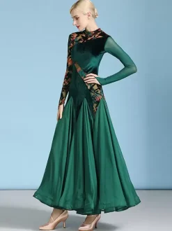 Ballroom Dance Costumes Dark Green Women's Sexy Transparente Stand Collar Velour Dress Tiered Layered Dance Dress