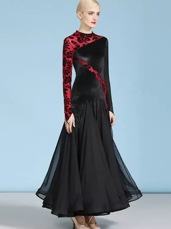 Ballroom Dance Costumes Dark Green Women's Sexy Transparente Stand Collar Velour Dress Tiered Layered Dance Dress