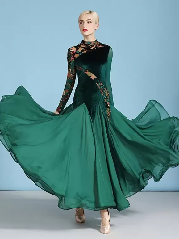 Ballroom Dance Costumes Dark Green Women's Sexy Transparente Stand Collar Velour Dress Tiered Layered Dance Dress
