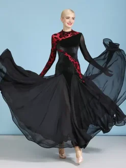 Ballroom Dance Costumes Dark Green Women's Sexy Transparente Stand Collar Velour Dress Tiered Layered Dance Dress
