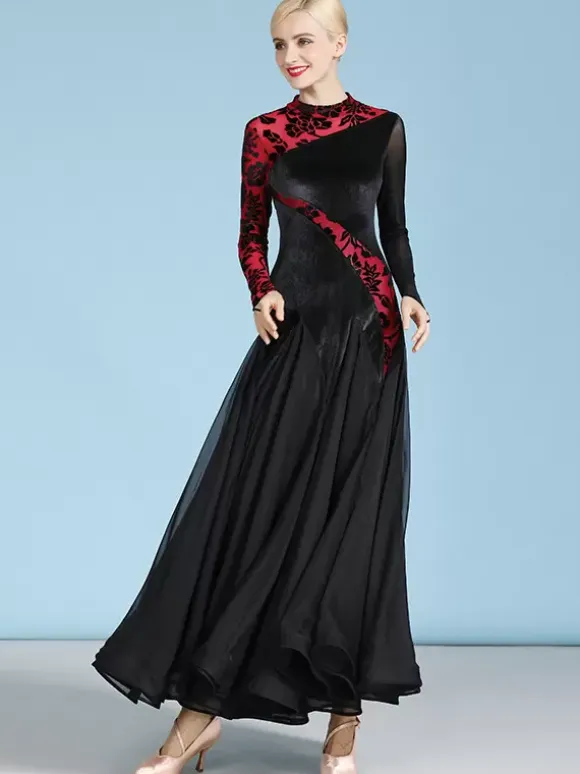 Ballroom Dance Costumes Dark Green Women's Sexy Transparente Stand Collar Velour Dress Tiered Layered Dance Dress