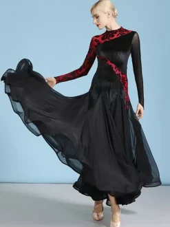Ballroom Dance Costumes Dark Green Women's Sexy Transparente Stand Collar Velour Dress Tiered Layered Dance Dress