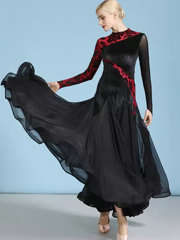 Ballroom Dance Costumes Dark Green Women's Sexy Transparente Stand Collar Velour Dress Tiered Layered Dance Dress