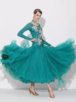 Ballroom Dance Costumes Green Women's Sexy Transparente Bateau Neck Polyester Dress Flowers Rhinestones Layered Dance Wear