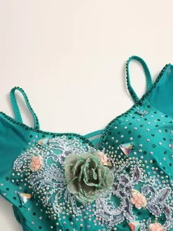 Ballroom Dance Costumes Green Women's Sexy Transparente Bateau Neck Polyester Dress Flowers Rhinestones Layered Dance Wear