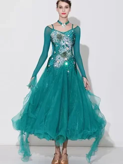 Ballroom Dance Costumes Green Women's Sexy Transparente Bateau Neck Polyester Dress Flowers Rhinestones Layered Dance Wear