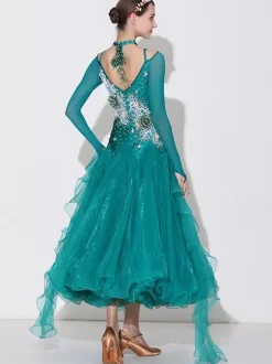 Ballroom Dance Costumes Green Women's Sexy Transparente Bateau Neck Polyester Dress Flowers Rhinestones Layered Dance Wear