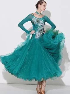 Ballroom Dance Costumes Green Women's Sexy Transparente Bateau Neck Polyester Dress Flowers Rhinestones Layered Dance Wear