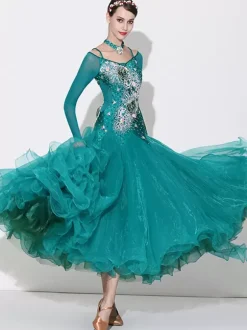 Ballroom Dance Costumes Green Women's Sexy Transparente Bateau Neck Polyester Dress Flowers Rhinestones Layered Dance Wear