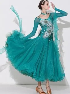 Ballroom Dance Costumes Green Women's Sexy Transparente Bateau Neck Polyester Dress Flowers Rhinestones Layered Dance Wear