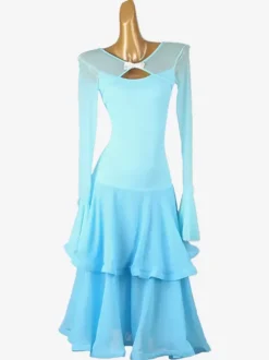 Ballroom Dance Costumes Light Sky Blue Women's Sexy Lycra Spandex Tiered Dress Dancing Wear