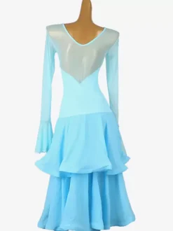 Ballroom Dance Costumes Light Sky Blue Women's Sexy Lycra Spandex Tiered Dress Dancing Wear