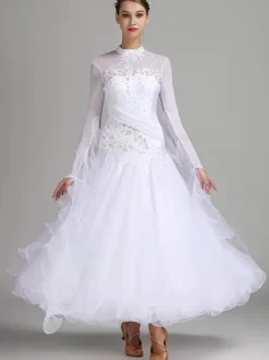 Ballroom Dance Costumes Pink Women's Sexy Stand Collar Polyester Dress Flowers Sequins Stretch Dance Wear