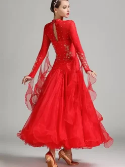 Ballroom Dance Costumes Pink Women's Sexy Stand Collar Polyester Dress Flowers Sequins Stretch Dance Wear