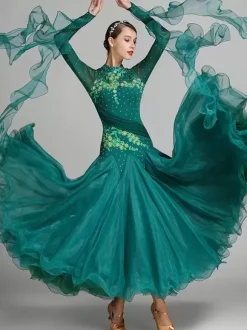 Ballroom Dance Costumes Pink Women's Sexy Stand Collar Polyester Dress Flowers Sequins Stretch Dance Wear