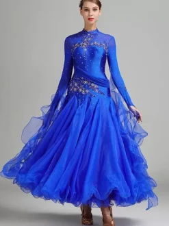 Ballroom Dance Costumes Pink Women's Sexy Stand Collar Polyester Dress Flowers Sequins Stretch Dance Wear
