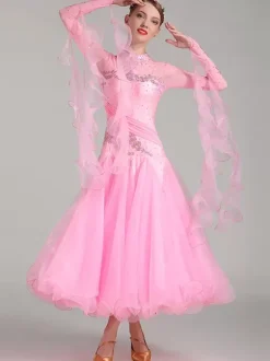 Ballroom Dance Costumes Pink Women's Sexy Stand Collar Polyester Dress Flowers Sequins Stretch Dance Wear
