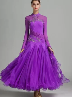 Ballroom Dance Costumes Pink Women's Sexy Stand Collar Polyester Dress Flowers Sequins Stretch Dance Wear