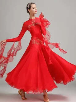 Ballroom Dance Costumes Pink Women's Sexy Stand Collar Polyester Dress Flowers Sequins Stretch Dance Wear
