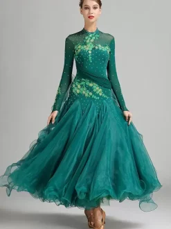 Ballroom Dance Costumes Pink Women's Sexy Stand Collar Polyester Dress Flowers Sequins Stretch Dance Wear