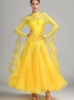 Ballroom Dance Costumes Pink Women's Sexy Stand Collar Polyester Dress Flowers Sequins Stretch Dance Wear