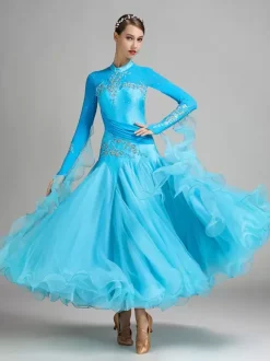 Ballroom Dance Costumes Pink Women's Sexy Stand Collar Polyester Dress Flowers Sequins Stretch Dance Wear