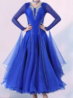 Ballroom Dance Costumes Purple Women's Elegant V-Neck Lycra Spandex Dress Sequins Dance Dress