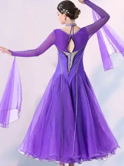 Ballroom Dance Costumes Purple Women's Elegant V-Neck Lycra Spandex Dress Sequins Dance Dress